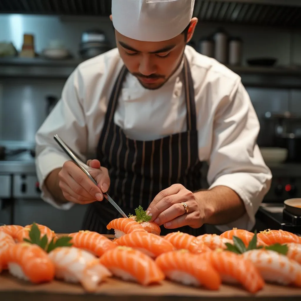Chef preparando sushi fresco técnica tradicional japonesa