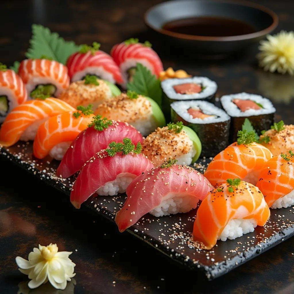 Plato gourmet sushi rolls presentación artística colorida